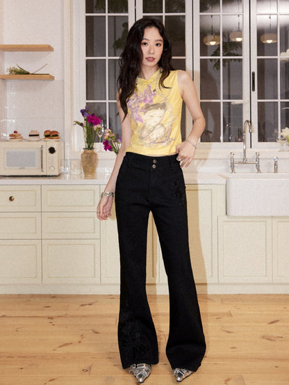 Retro High-Waisted Double-Button Slim Embroidered Micro-Flared Jeans【s0000017562】