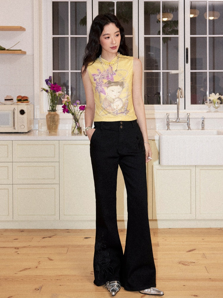 Retro High-Waisted Double-Button Slim Embroidered Micro-Flared Jeans【s0000017562】