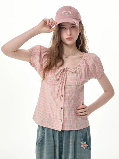 Pink Plaid Slimming Puff Sleeve Shirt【s0000017563】