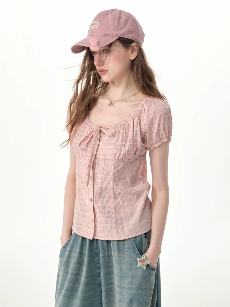 Pink Plaid Slimming Puff Sleeve Shirt【s0000017563】