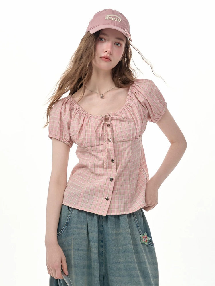 Pink Plaid Slimming Puff Sleeve Shirt【s0000017563】