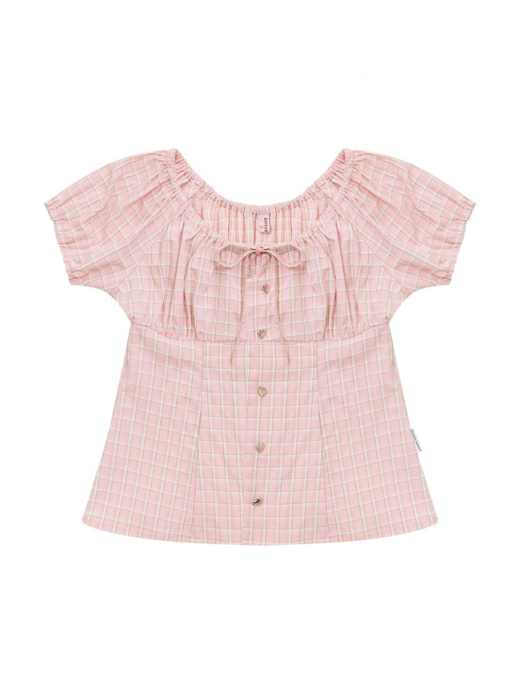 Pink Plaid Slimming Puff Sleeve Shirt【s0000017563】
