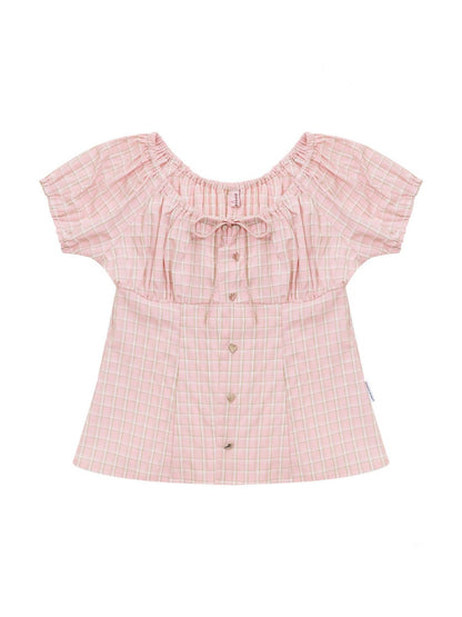 Pink Plaid Slimming Puff Sleeve Shirt【s0000017563】