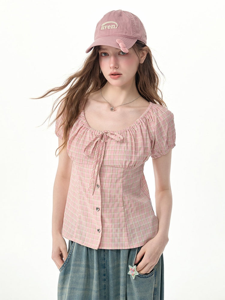 Pink Plaid Slimming Puff Sleeve Shirt【s0000017563】