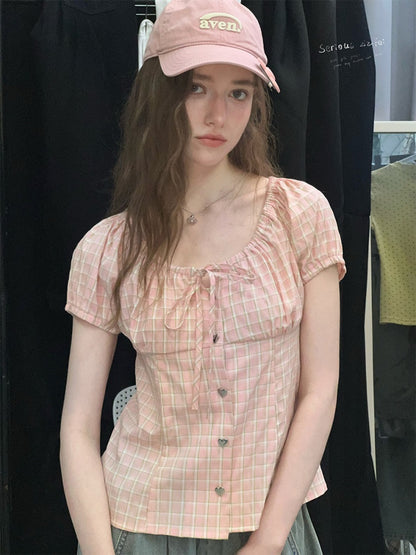 Pink Plaid Slimming Puff Sleeve Shirt【s0000017563】