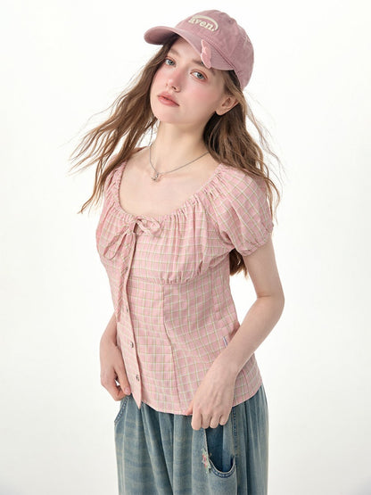 Pink Plaid Slimming Puff Sleeve Shirt【s0000017563】