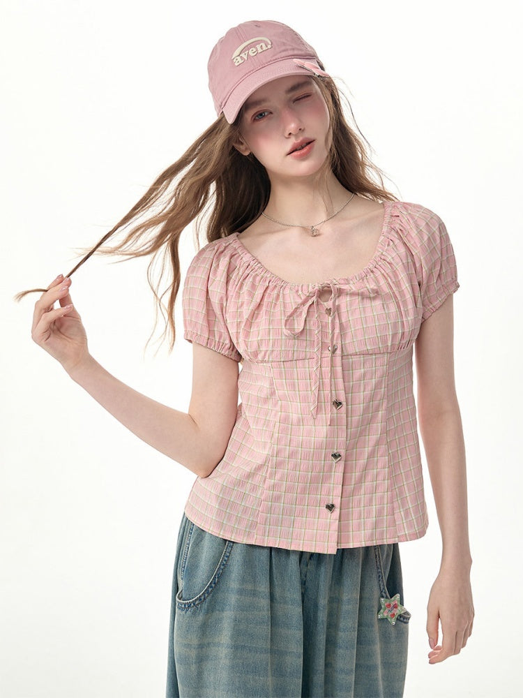 Pink Plaid Slimming Puff Sleeve Shirt【s0000017563】