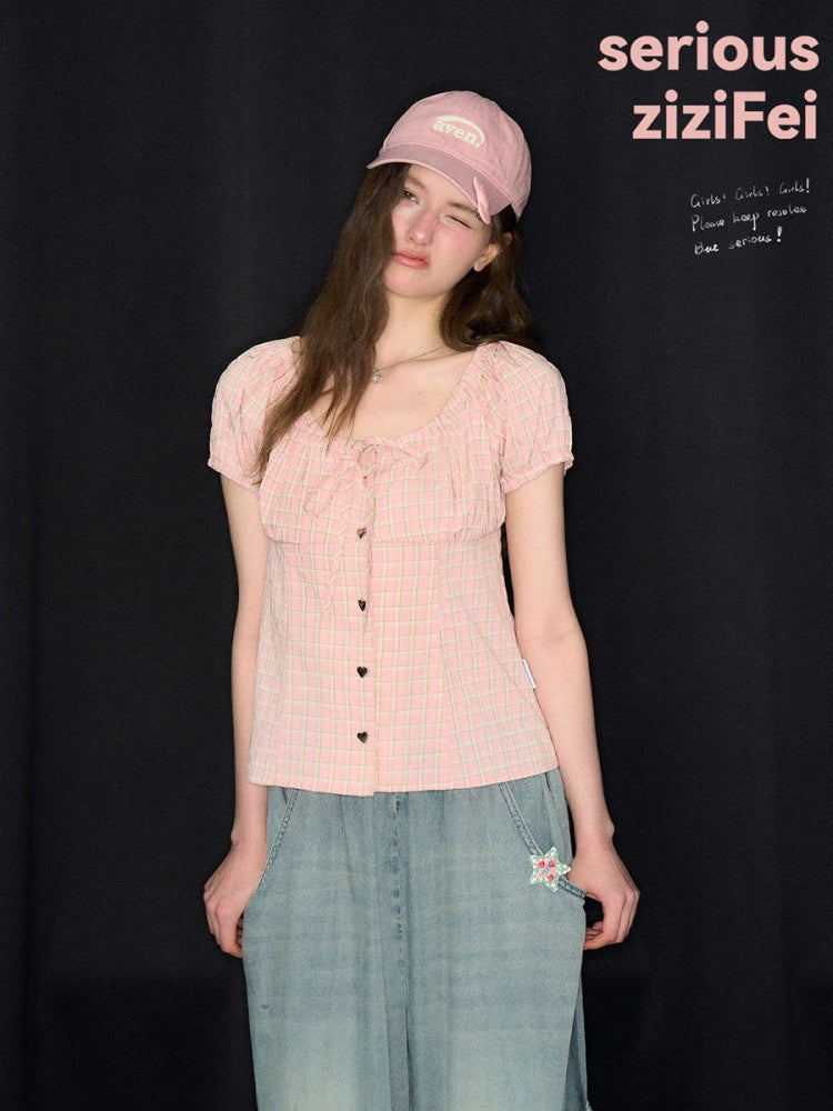Pink Plaid Slimming Puff Sleeve Shirt【s0000017563】