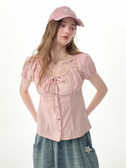 Pink Plaid Slimming Puff Sleeve Shirt【s0000017563】