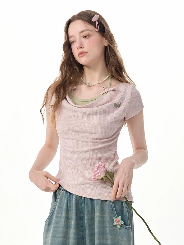 Two-Piece Swing Collar Pink Halter-Neck Slim Short-Sleeve T-Shirt【s0000017564】