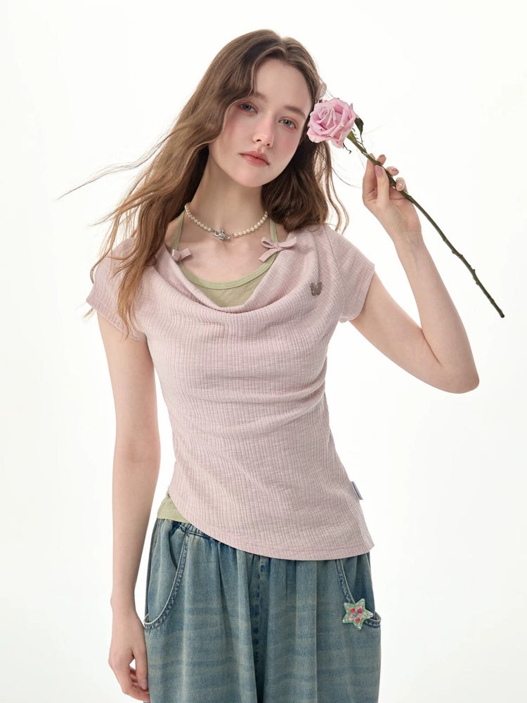 Two-Piece Swing Collar Pink Halter-Neck Slim Short-Sleeve T-Shirt【s0000017564】