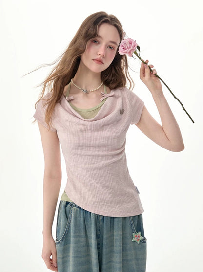 Two-Piece Swing Collar Pink Halter-Neck Slim Short-Sleeve T-Shirt【s0000017564】