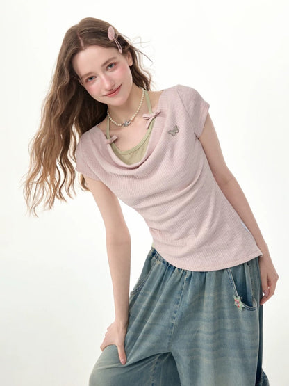 Two-Piece Swing Collar Pink Halter-Neck Slim Short-Sleeve T-Shirt【s0000017564】