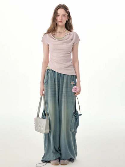 Two-Piece Swing Collar Pink Halter-Neck Slim Short-Sleeve T-Shirt【s0000017564】