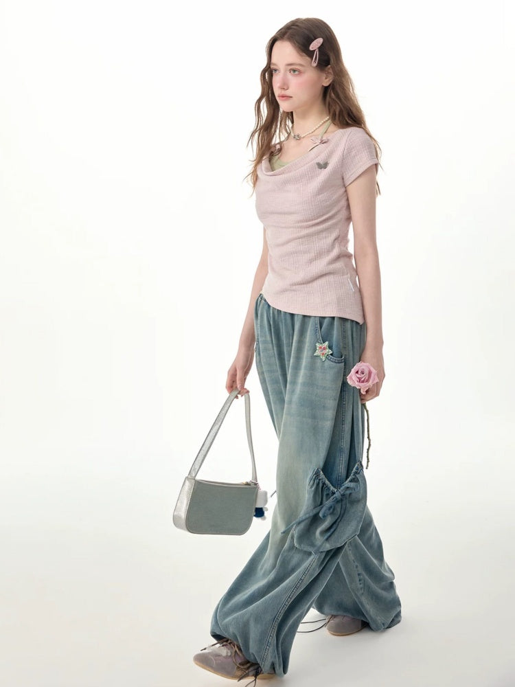 Two-Piece Swing Collar Pink Halter-Neck Slim Short-Sleeve T-Shirt【s0000017564】