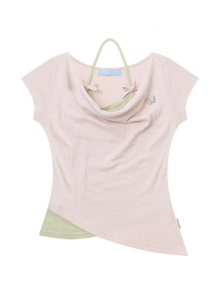 Two-Piece Swing Collar Pink Halter-Neck Slim Short-Sleeve T-Shirt【s0000017564】