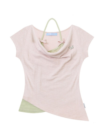 Two-Piece Swing Collar Pink Halter-Neck Slim Short-Sleeve T-Shirt【s0000017564】