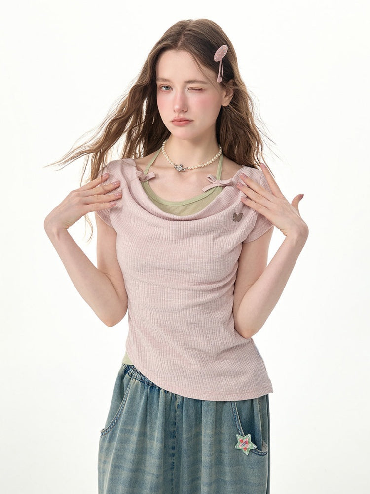 Two-Piece Swing Collar Pink Halter-Neck Slim Short-Sleeve T-Shirt【s0000017564】