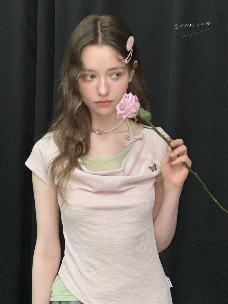 Two-Piece Swing Collar Pink Halter-Neck Slim Short-Sleeve T-Shirt【s0000017564】