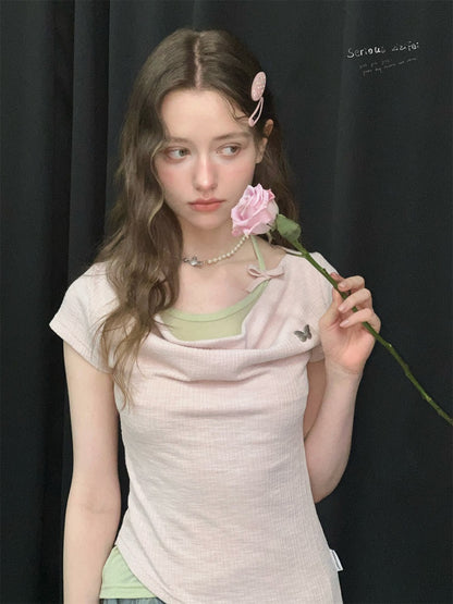 Two-Piece Swing Collar Pink Halter-Neck Slim Short-Sleeve T-Shirt【s0000017564】