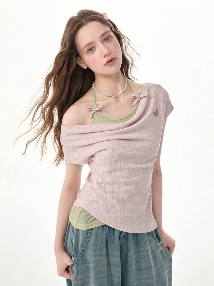 Two-Piece Swing Collar Pink Halter-Neck Slim Short-Sleeve T-Shirt【s0000017564】