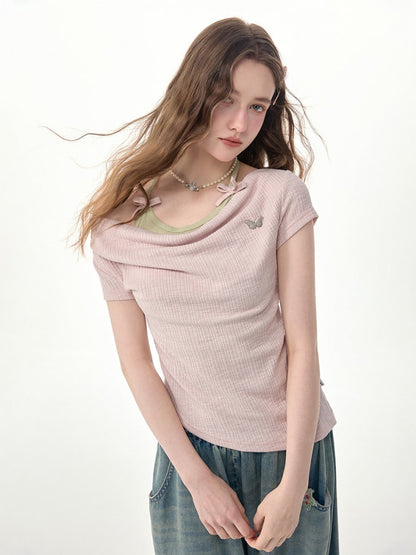Two-Piece Swing Collar Pink Halter-Neck Slim Short-Sleeve T-Shirt【s0000017564】