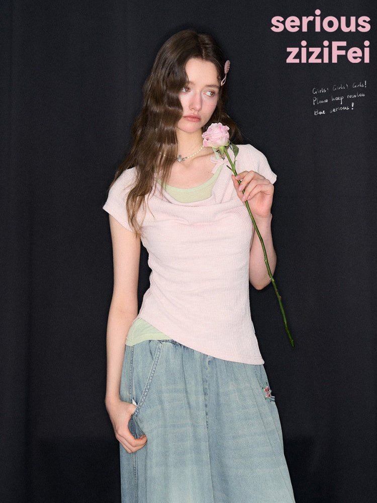 Two-Piece Swing Collar Pink Halter-Neck Slim Short-Sleeve T-Shirt【s0000017564】