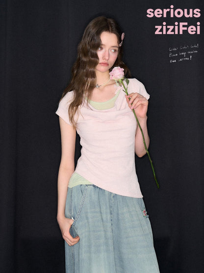 Two-Piece Swing Collar Pink Halter-Neck Slim Short-Sleeve T-Shirt【s0000017564】