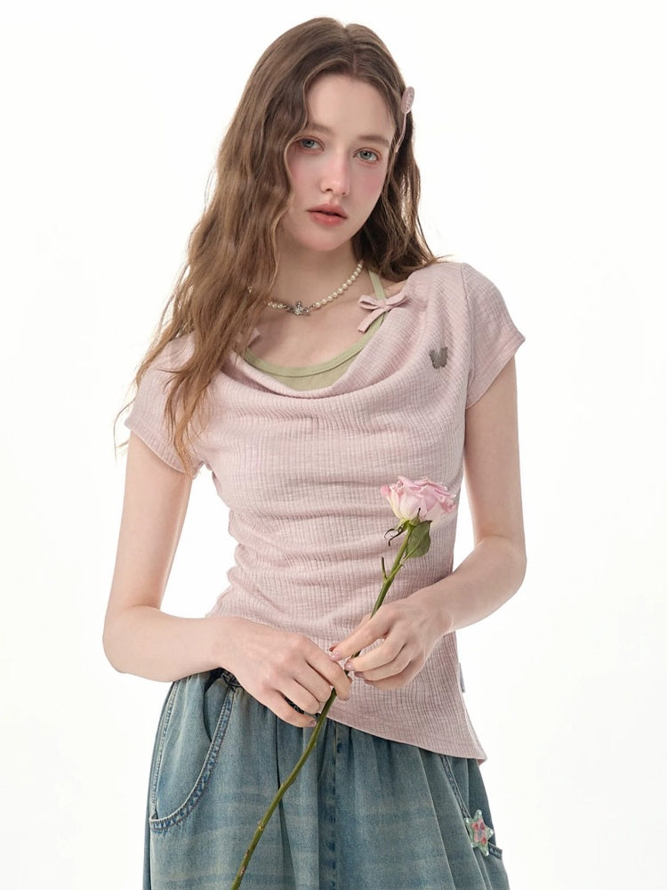 Two-Piece Swing Collar Pink Halter-Neck Slim Short-Sleeve T-Shirt【s0000017564】