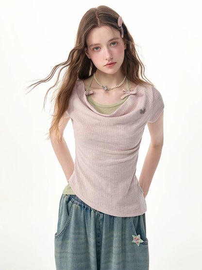Two-Piece Swing Collar Pink Halter-Neck Slim Short-Sleeve T-Shirt【s0000017564】