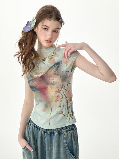 Summer Arty Watercolor Gradient Slimming Butterfly Light Green Short-Sleeve T-shirt【s0000017565】