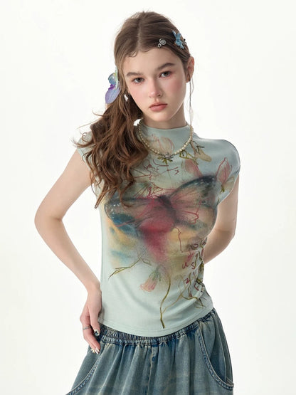 Summer Arty Watercolor Gradient Slimming Butterfly Light Green Short-Sleeve T-shirt【s0000017565】