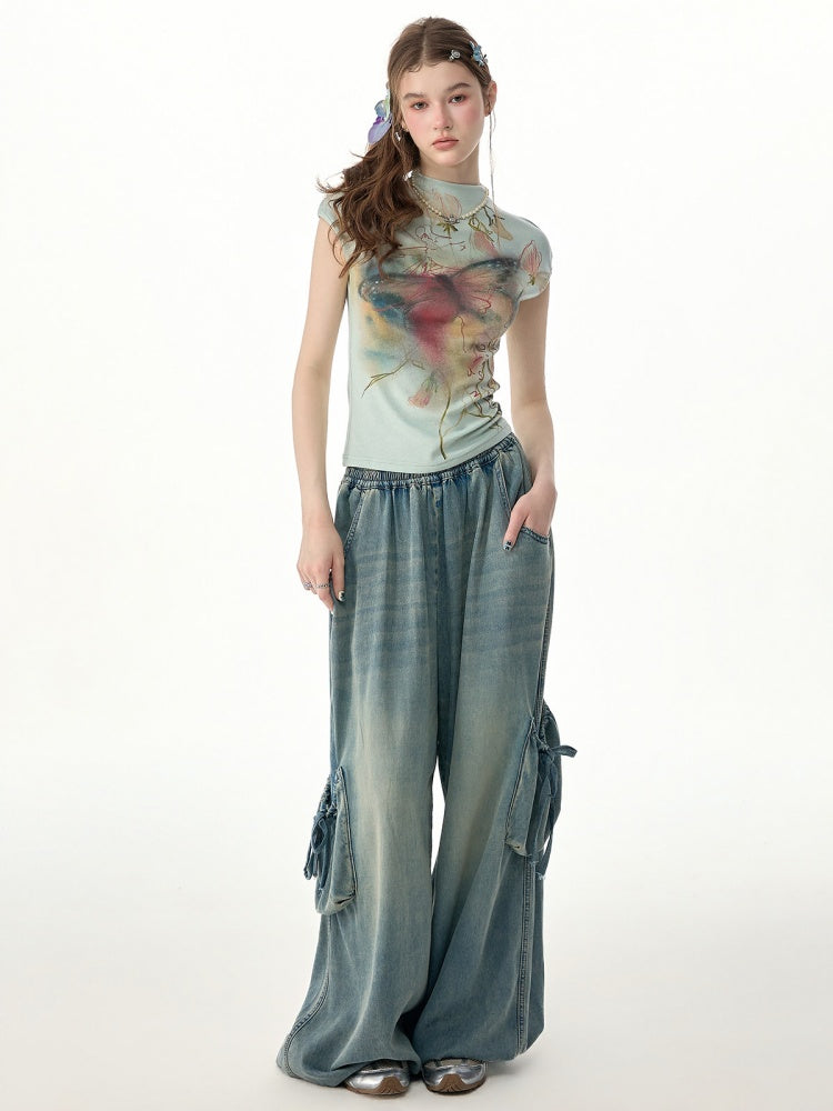 Summer Arty Watercolor Gradient Slimming Butterfly Light Green Short-Sleeve T-shirt【s0000017565】