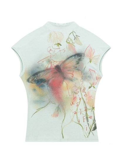 Summer Arty Watercolor Gradient Slimming Butterfly Light Green Short-Sleeve T-shirt【s0000017565】
