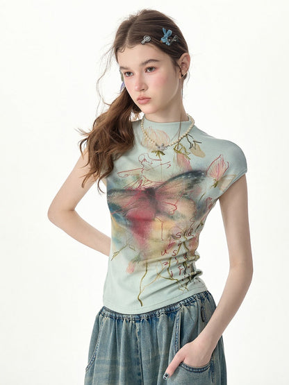 Summer Arty Watercolor Gradient Slimming Butterfly Light Green Short-Sleeve T-shirt【s0000017565】