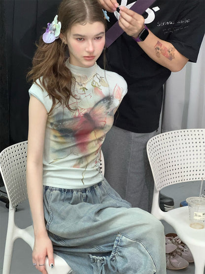 Summer Arty Watercolor Gradient Slimming Butterfly Light Green Short-Sleeve T-shirt【s0000017565】