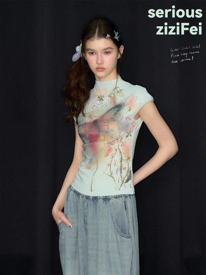 Summer Arty Watercolor Gradient Slimming Butterfly Light Green Short-Sleeve T-shirt【s0000017565】