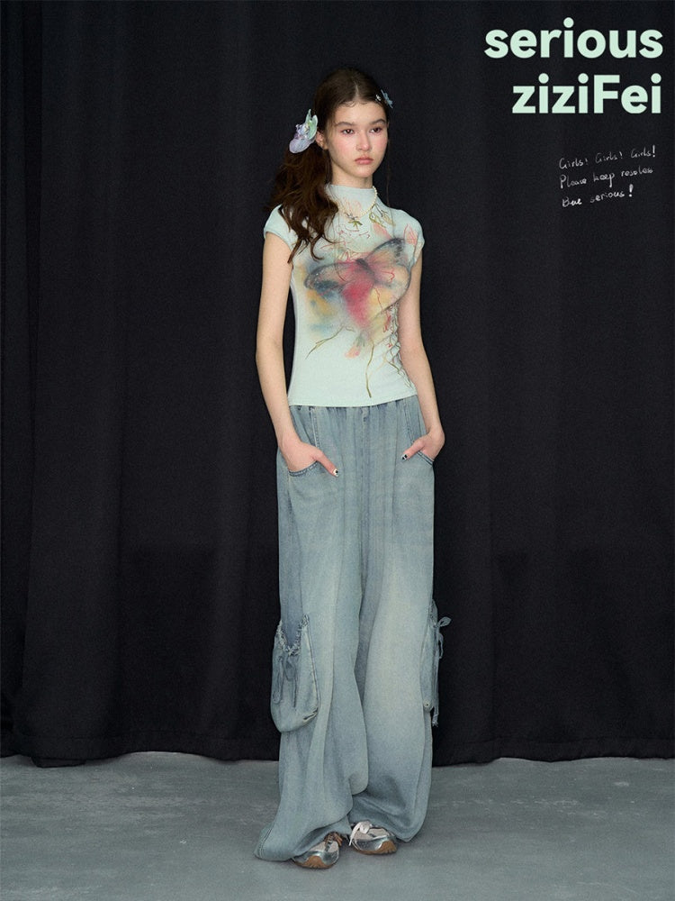 Summer Arty Watercolor Gradient Slimming Butterfly Light Green Short-Sleeve T-shirt【s0000017565】