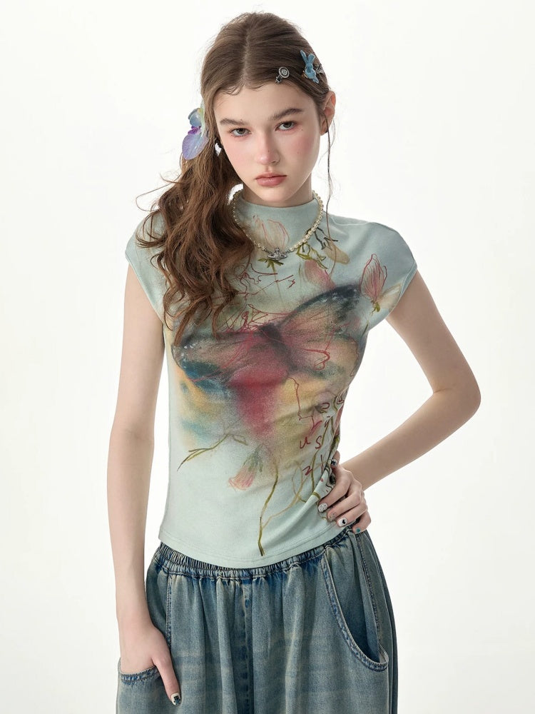 Summer Arty Watercolor Gradient Slimming Butterfly Light Green Short-Sleeve T-shirt【s0000017565】
