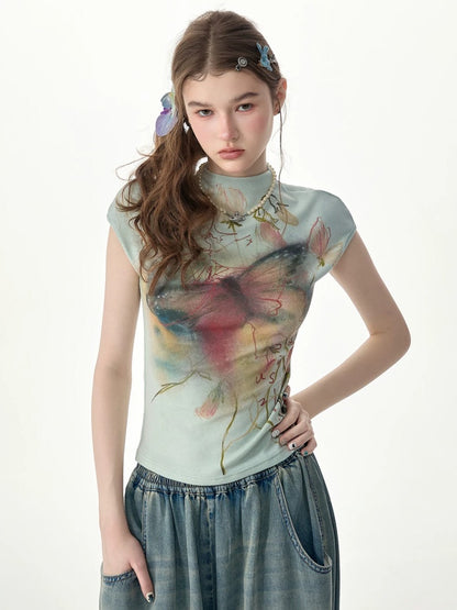 Summer Arty Watercolor Gradient Slimming Butterfly Light Green Short-Sleeve T-shirt【s0000017565】
