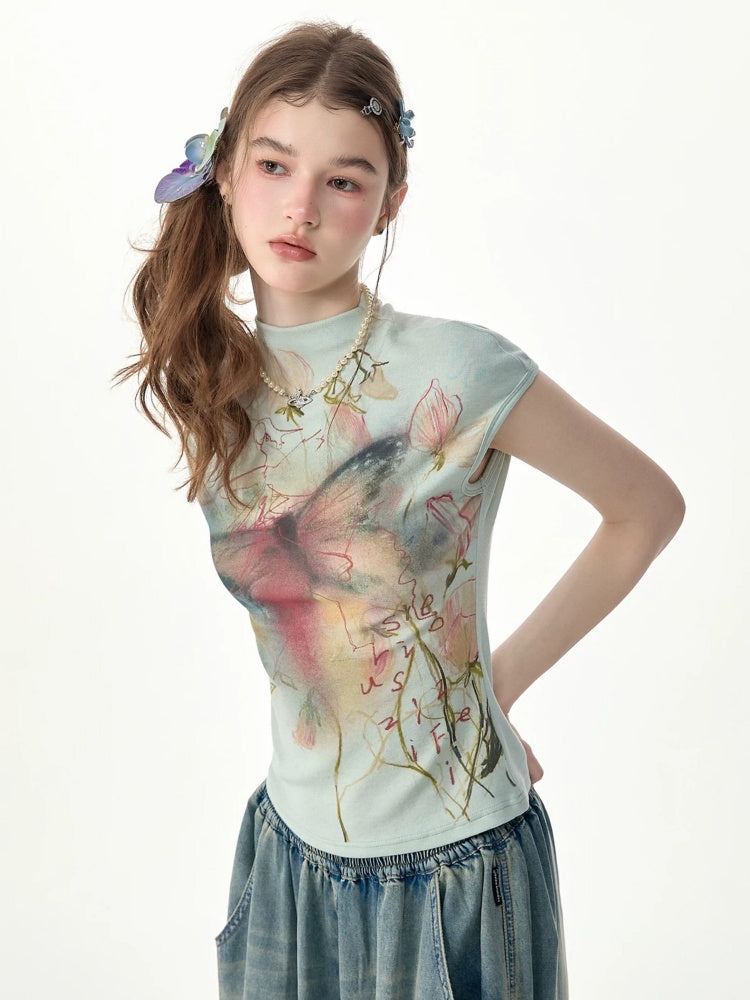 Summer Arty Watercolor Gradient Slimming Butterfly Light Green Short-Sleeve T-shirt【s0000017565】