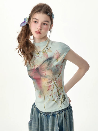 Summer Arty Watercolor Gradient Slimming Butterfly Light Green Short-Sleeve T-shirt【s0000017565】