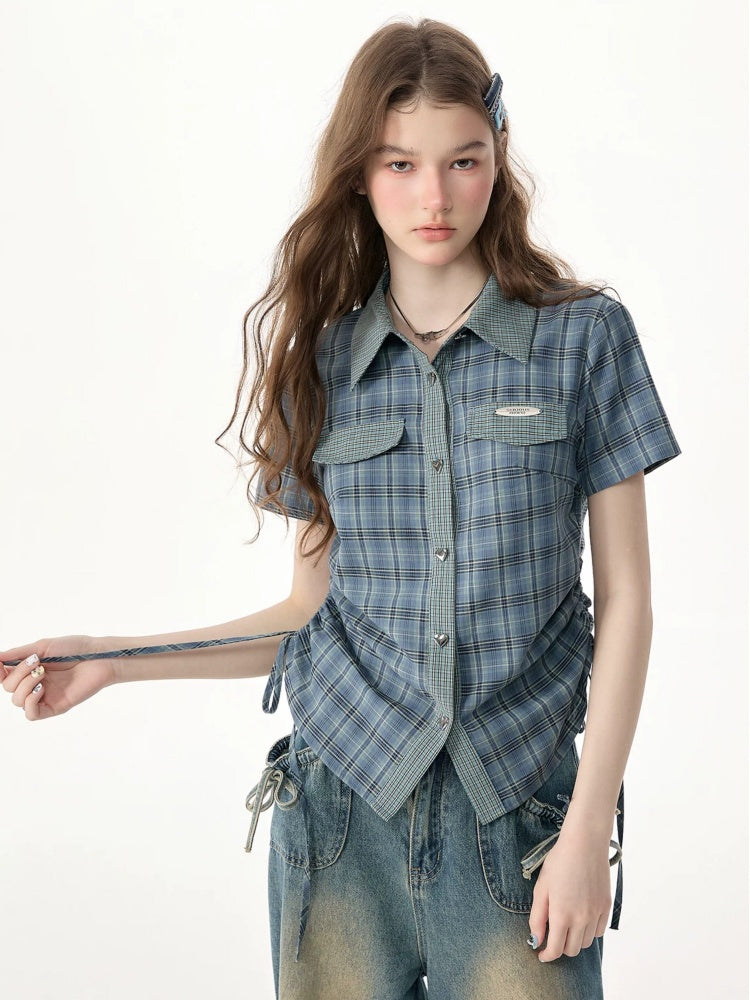 American Vintage Collegiate Slim Blue-Green Plaid Short-Sleeve Shirt【s0000017566】