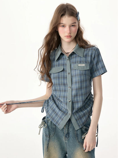 American Vintage Collegiate Slim Blue-Green Plaid Short-Sleeve Shirt【s0000017566】