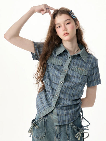 American Vintage Collegiate Slim Blue-Green Plaid Short-Sleeve Shirt【s0000017566】