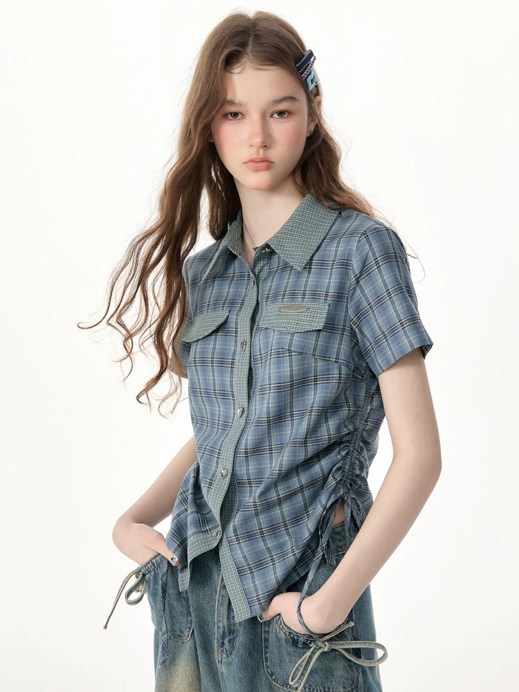 American Vintage Collegiate Slim Blue-Green Plaid Short-Sleeve Shirt【s0000017566】
