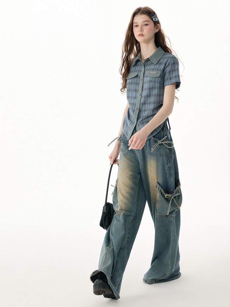 American Vintage Collegiate Slim Blue-Green Plaid Short-Sleeve Shirt【s0000017566】