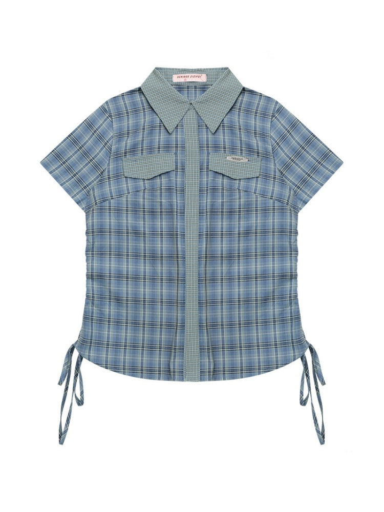 American Vintage Collegiate Slim Blue-Green Plaid Short-Sleeve Shirt【s0000017566】