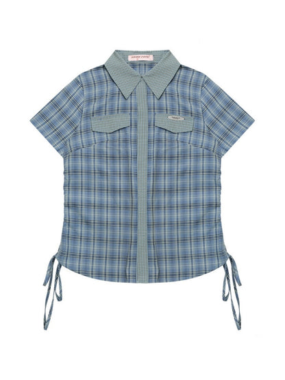 American Vintage Collegiate Slim Blue-Green Plaid Short-Sleeve Shirt【s0000017566】
