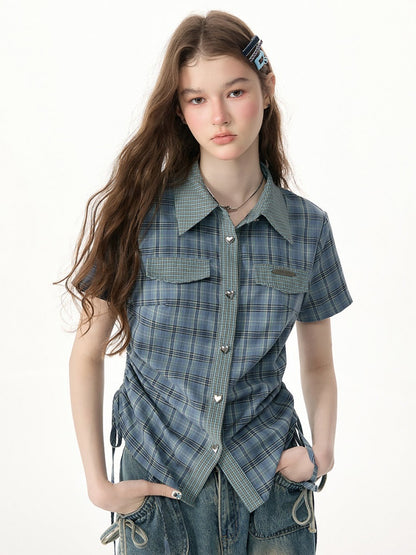 American Vintage Collegiate Slim Blue-Green Plaid Short-Sleeve Shirt【s0000017566】